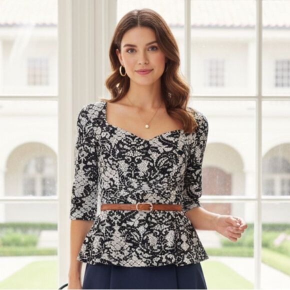Anthropologie Postmark Leia Peplum Lace Print Top - Picture 1 of 8